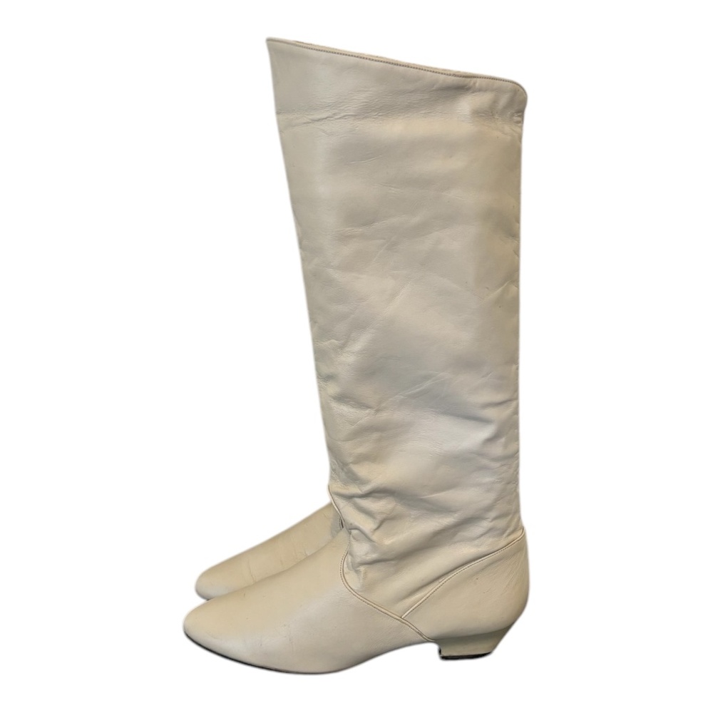 Size 7.5 Vintage tall cream colored women genuine leather knee high slouch boots